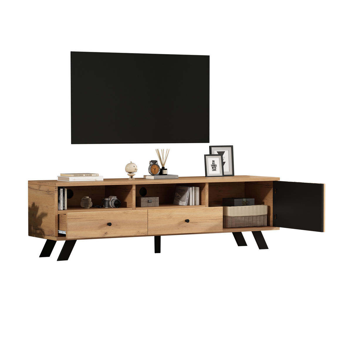TV-ELEMENT150CM 150x38x44cm Lowboard Holz-Schwarz für 60-Zoll-Fernseher - Naturfarben, Holz (48.79/14/162.28cm) - Raelunyi