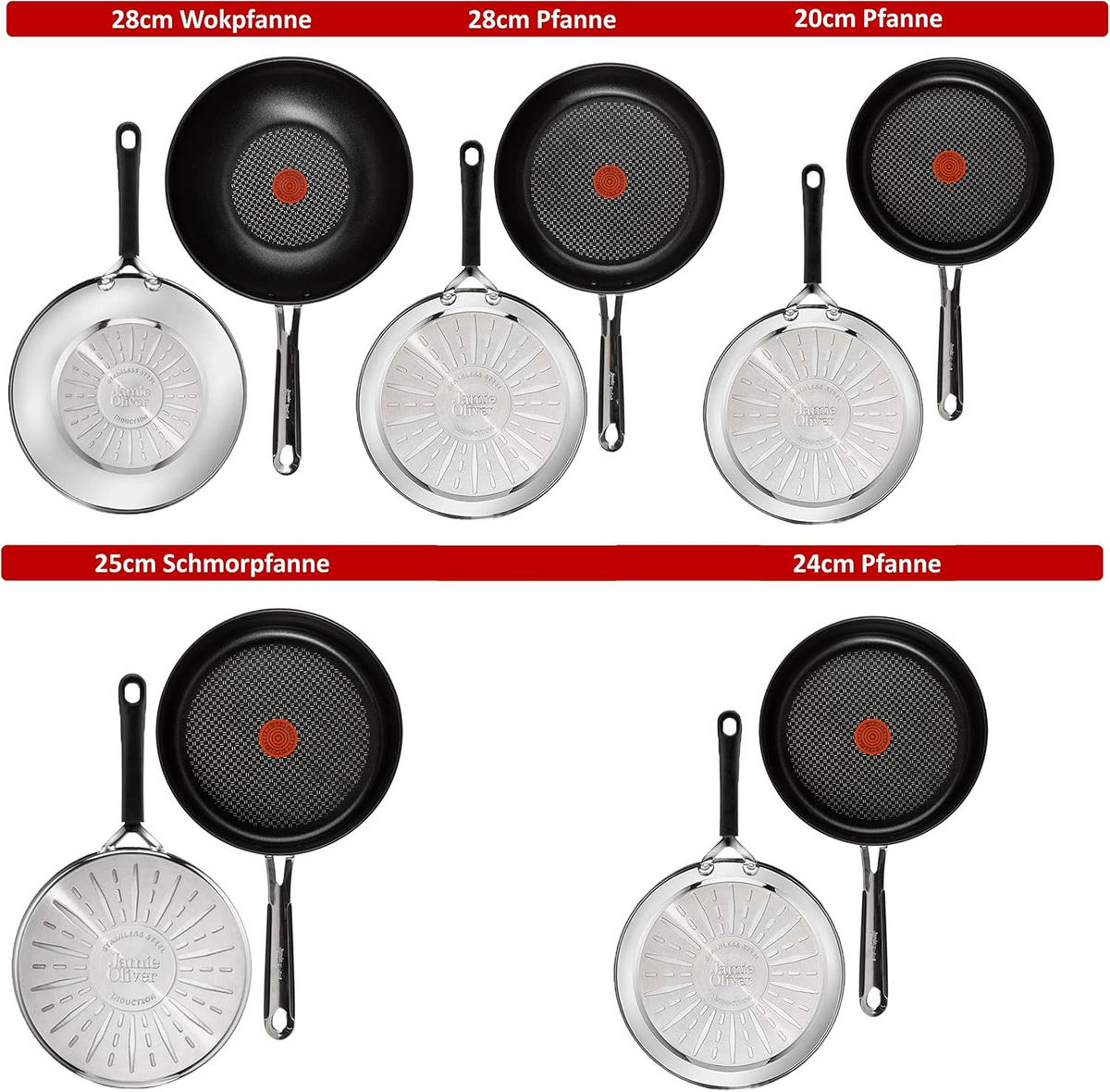 PFANNENSET Edelstahl Jamie Oliver E30 – 9-teiliges Set mit Bratpfanne, Schmorpfanne, Wokpfanne, Pfannenwender & Pfannenschoner - Silberfarben, Metall - Tefal