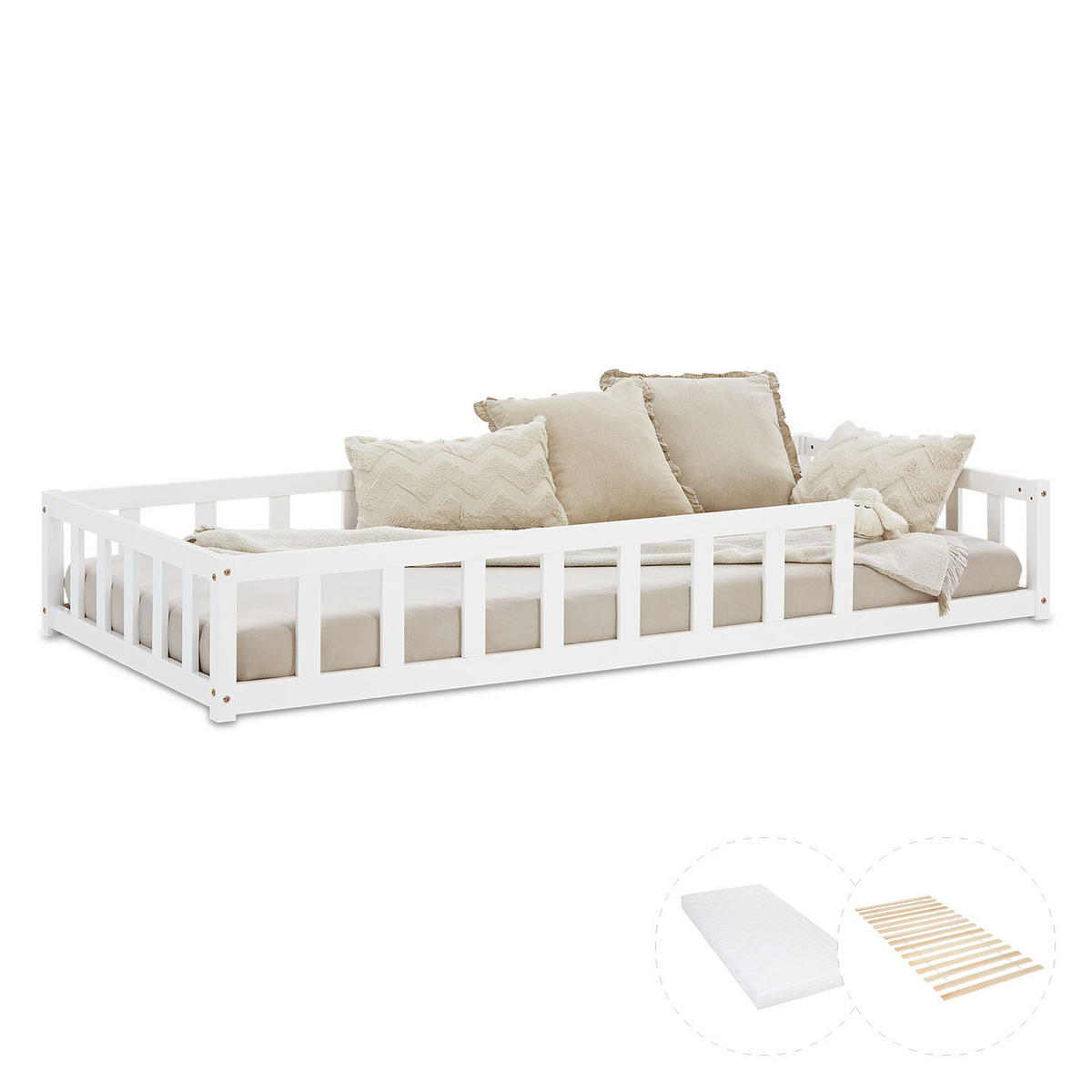 BODENBETT weiß 90x200 cm mit Lattenrost + Matratze - Weiß, Holz (90/200cm) - Homestyle4u