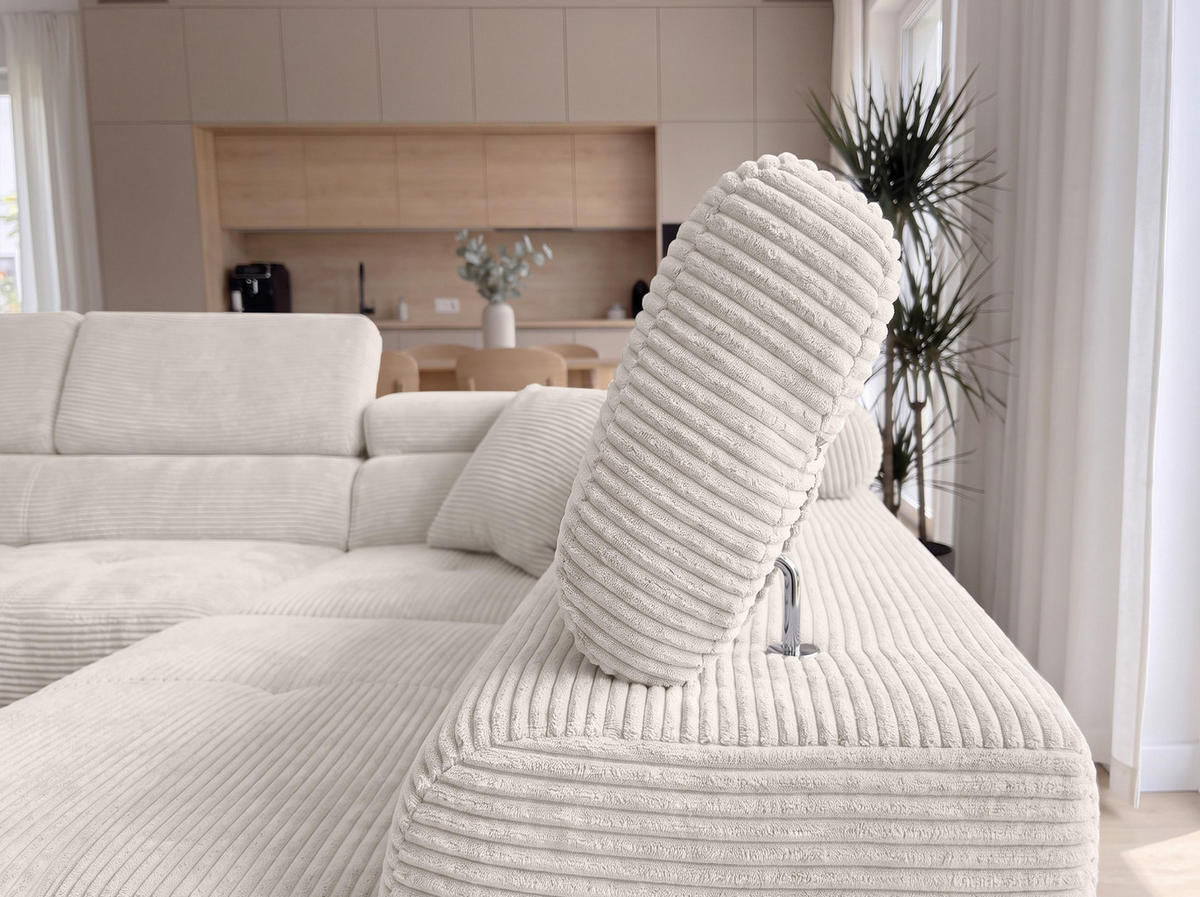 ECKSOFA L Form Konak Cremeweiß 276/201/90 cm Rechts mit Schlaffunktion - Silberfarben/Creme, Textil/Metall (276/203cm) - AX Living