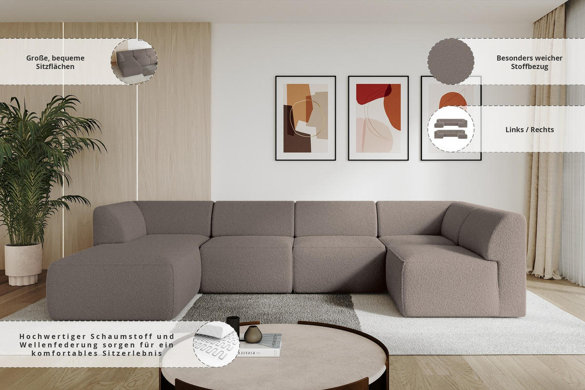 WOHNLANDSCHAFT Ottomane Links MOVA 345x180x78 Braun Bouclé - Schwarz/Braun, Holzwerkstoff/Kunststoff (180/78/345cm) - ALTDECOR