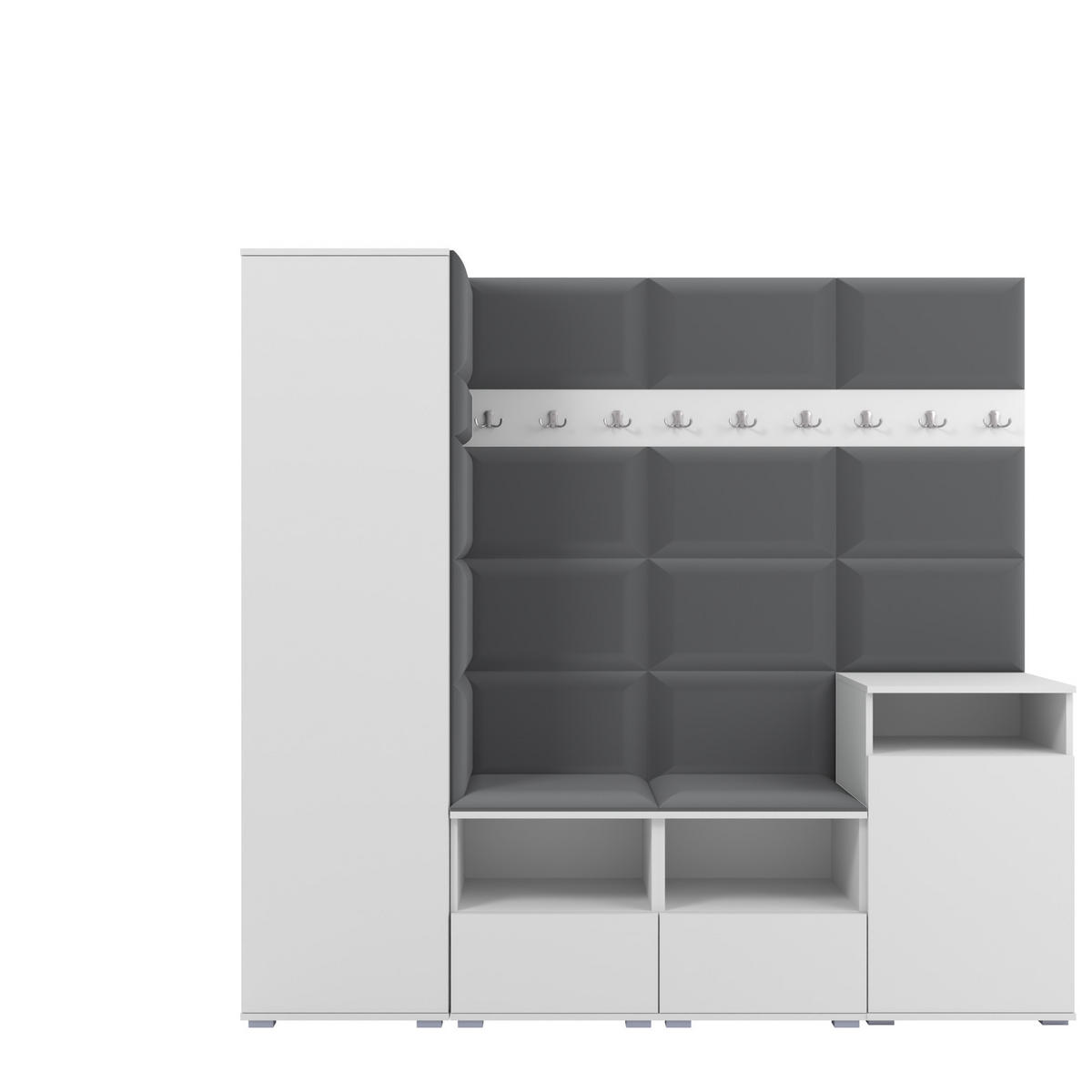 GARDEROBE NELA X 200 cm (Modulare Flurmöbel Weiß mit Sitzpolster Dunkelgrau 15 Schrank + Sidelboard) - Dunkelgrau/Silberfarben, Holz/Holzwerkstoff (200/187/40cm) - Ravio