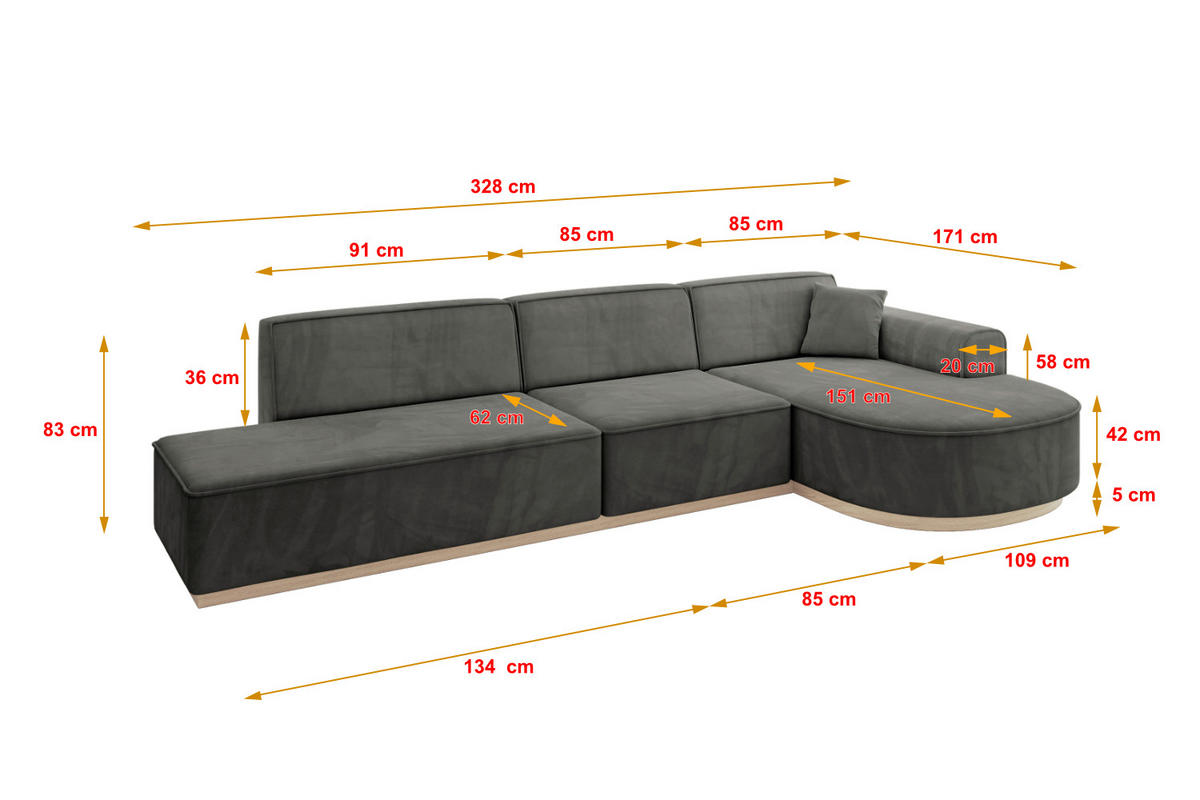 ECKSOFA Ottomane Rechts ARRIO-L2 - 328x171x83 cm Dunkelgrau - Dunkelgrau, Holzwerkstoff/Textil (328/171cm) - ALTDECOR