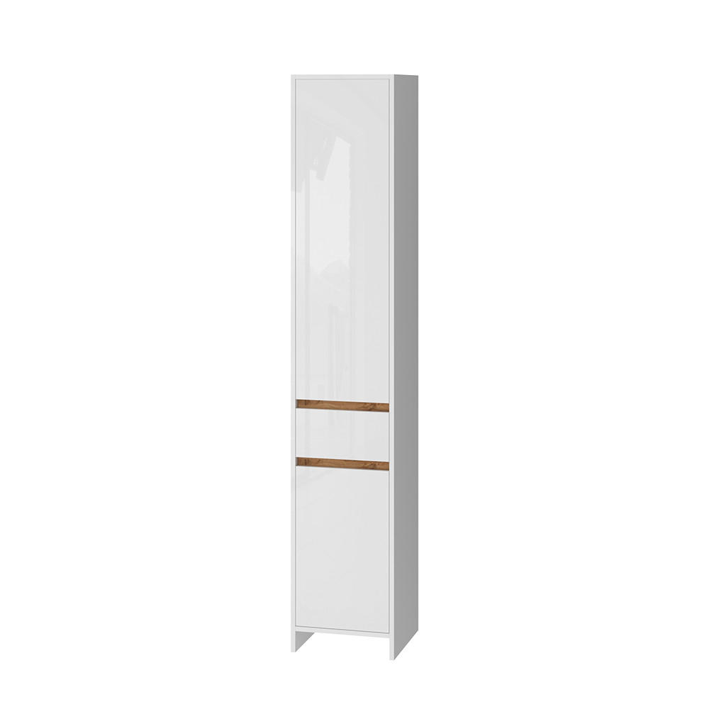 BADSCHRANK Detmold Weiß Hochglanz/Goldkraft Eiche 35 x 190 cm - Honigeiche/Weiß Hochglanz, Holzwerkstoff (35/190/35cm) - Vicco