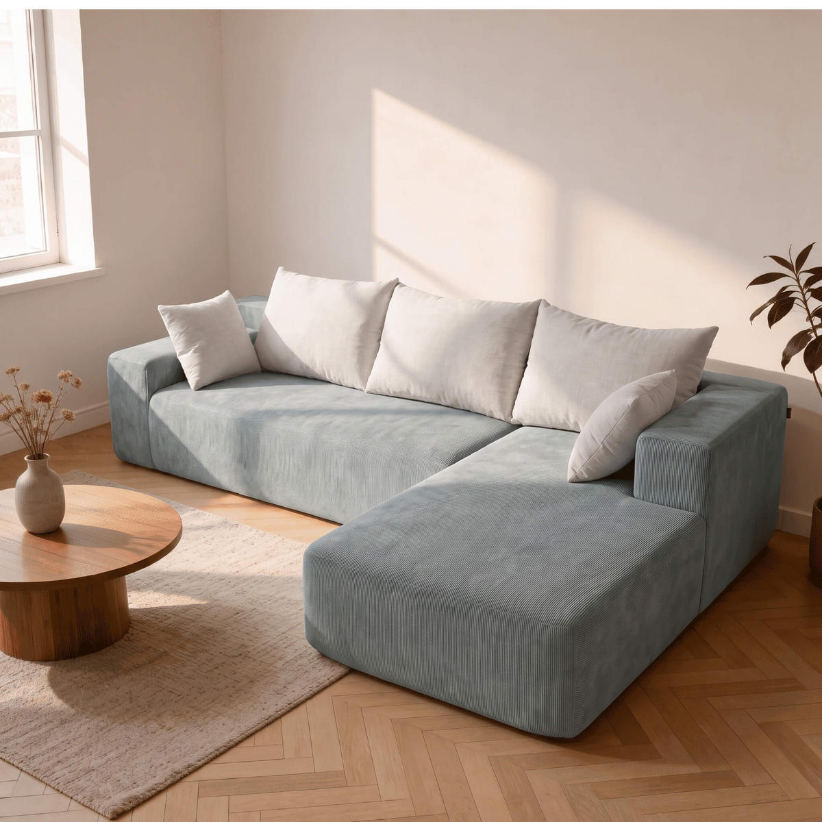 ECKSOFA Luna Salbei Weiß 3-Sitzer Rechts - Salbeigrün, Textil (267/175cm) - COCO Living
