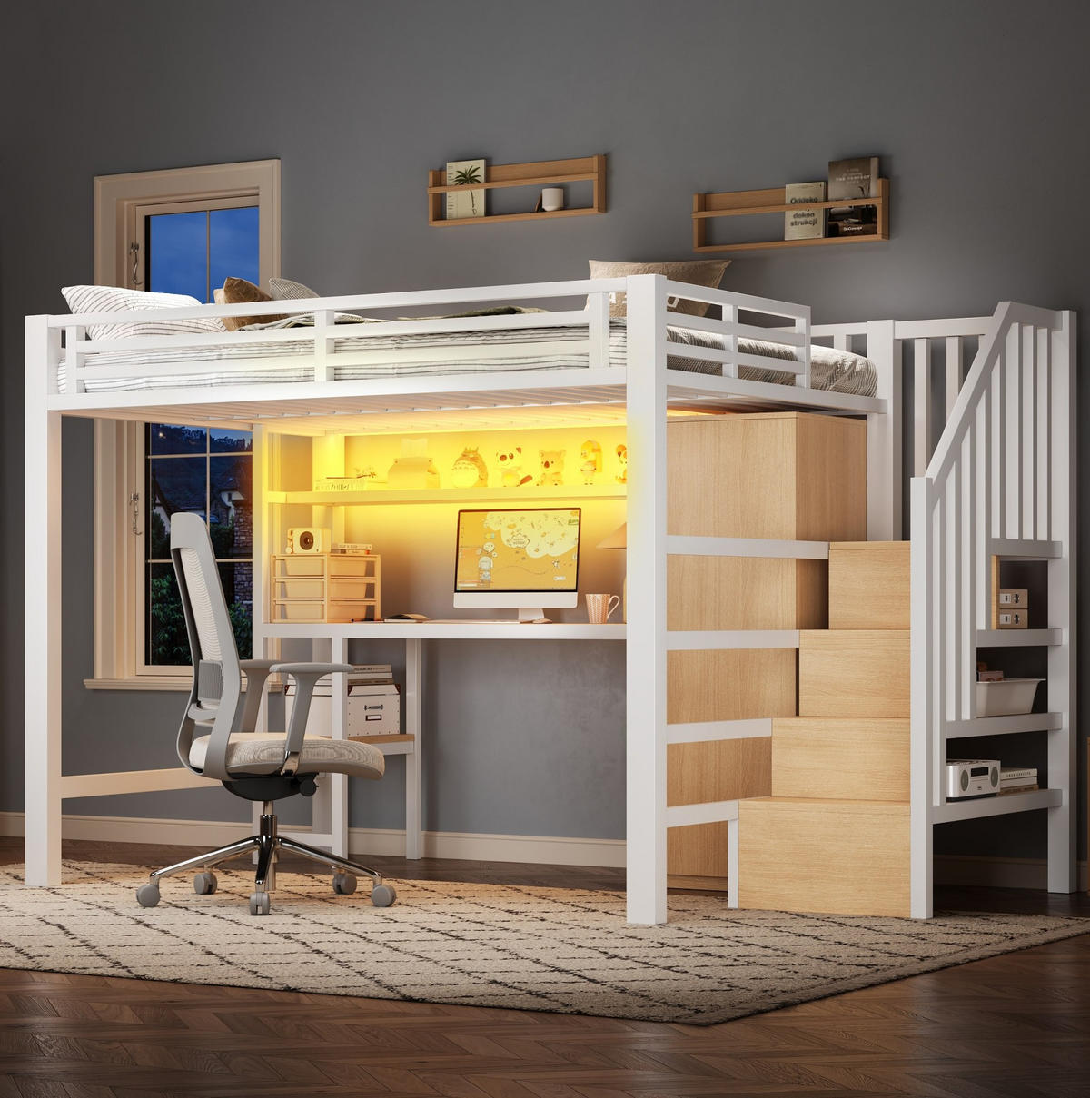 HOCHBETT 140/200 cm mit Schreibtisch, Regal, Kleiderschrank und LED - Weiß, Metall (140/200cm) - MIVRAY