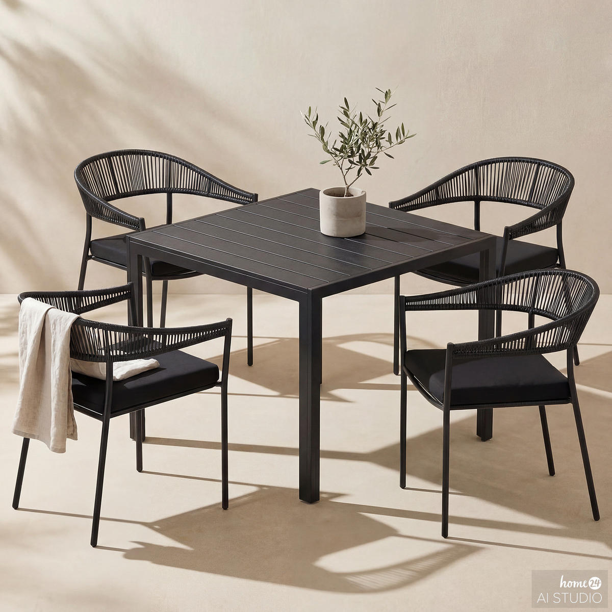 GARTENESSGRUPPE - 5-teilig - Stahl / Polyrattan - Schwarz - Schwarz, Kunststoff/Textil - home24