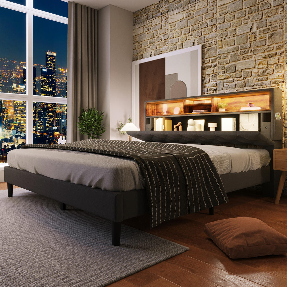 POLSTERBETT 140/200 cm Grau mit Stauraum-Kopfteil und LED-Beleuchtung - Grau, Holz (140/200cm) - OKWISH