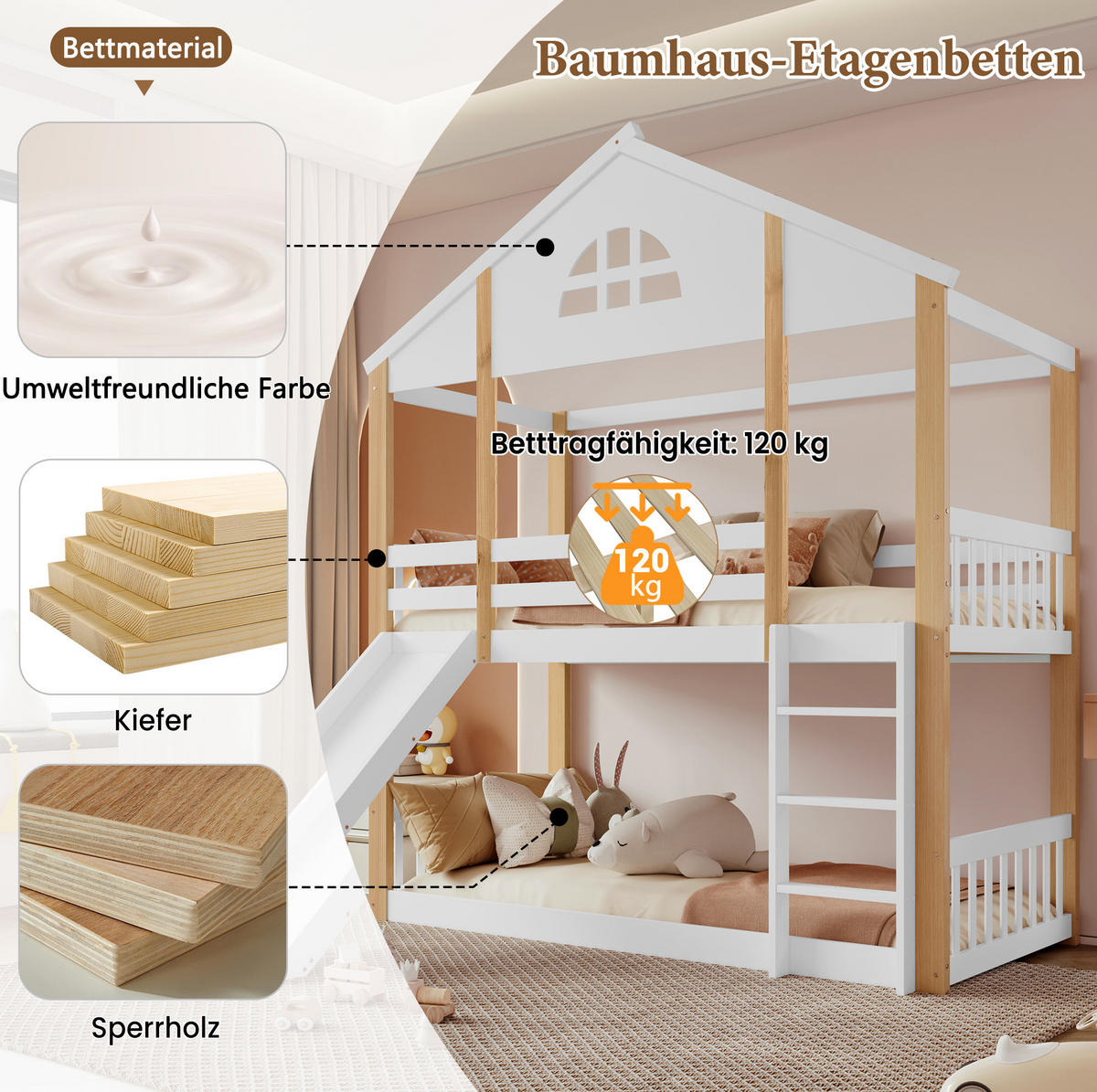 HAUSBETT 90/200 cm Weiß/Natur mit Rutsche und Treppe - Weiß, Holz (90/200cm) - Flora Grace