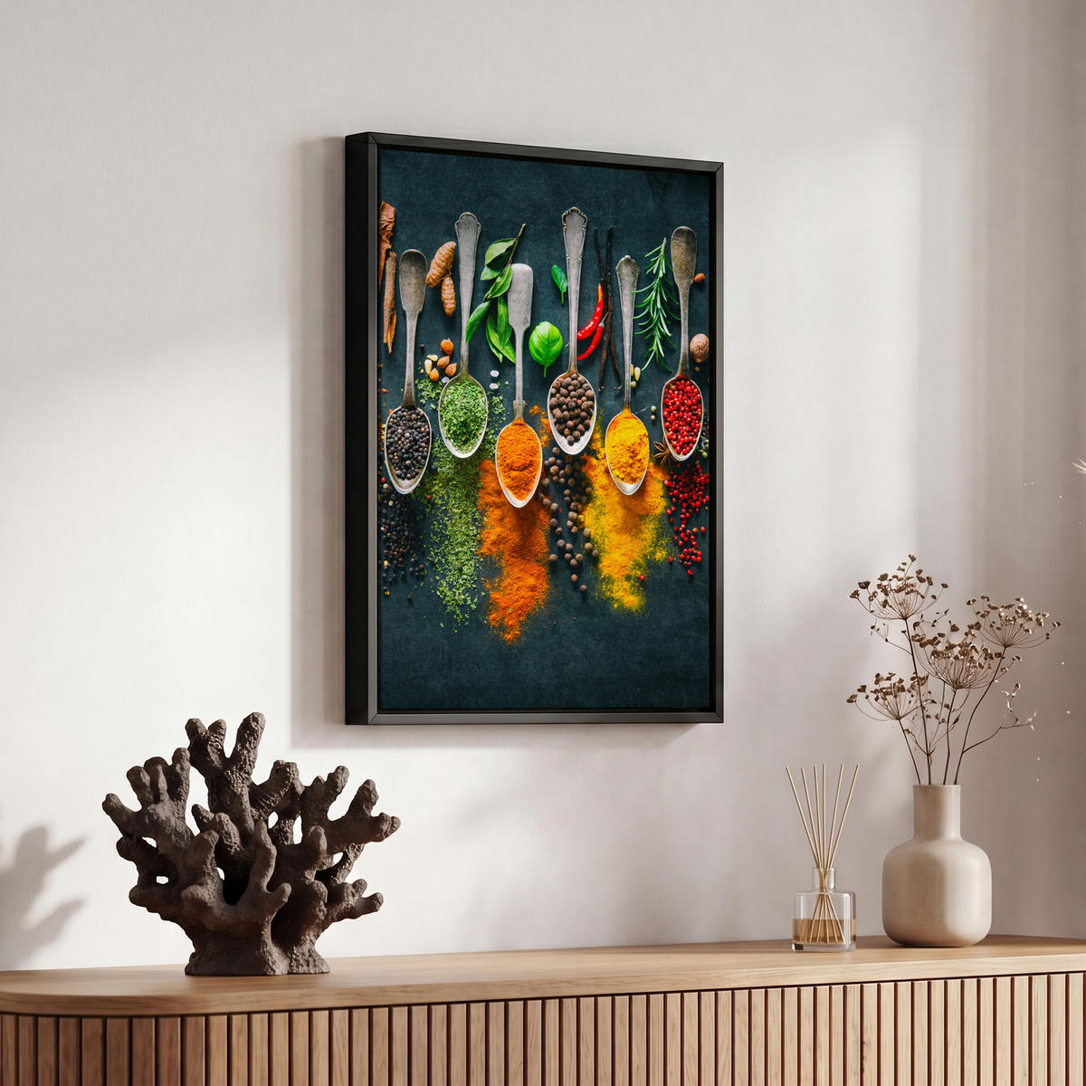 LEINWAND Bilder mit Rahmen - Kräuter - Gewürze - Löffel - 20x30 - Currygelb, Textil (20/30cm) - MuchoWow