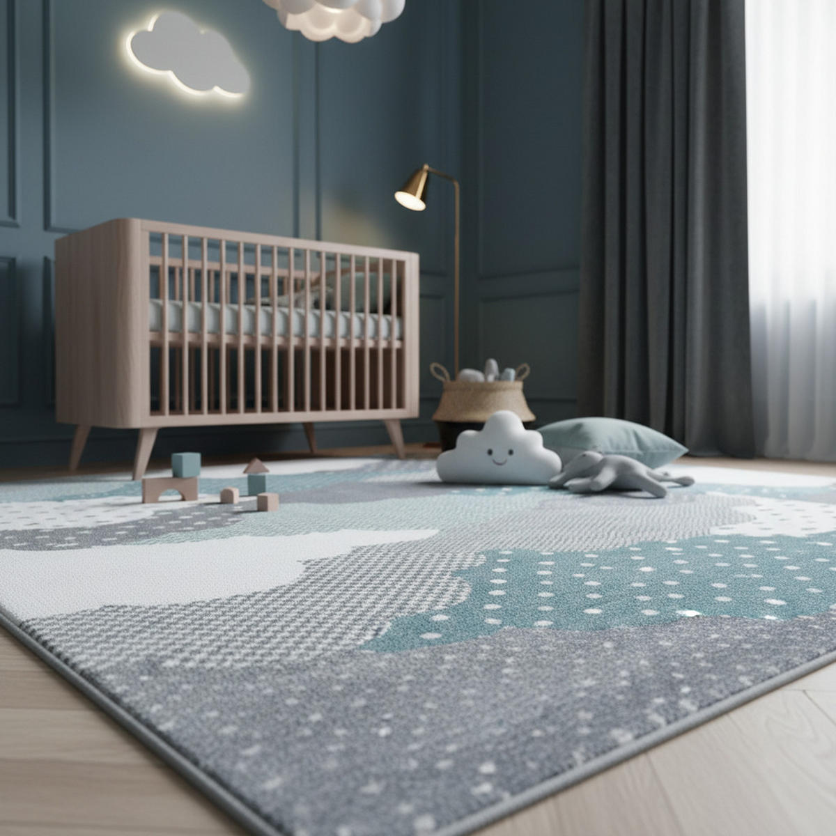 KINDERTEPPICH Wolken Pflegeleicht Waschbar Kinderzimmer OEKO-TEX Blau 80x150 cm Gekettelt – NOLA - Blau, Textil (80/150cm) - KADIMA DESIGN