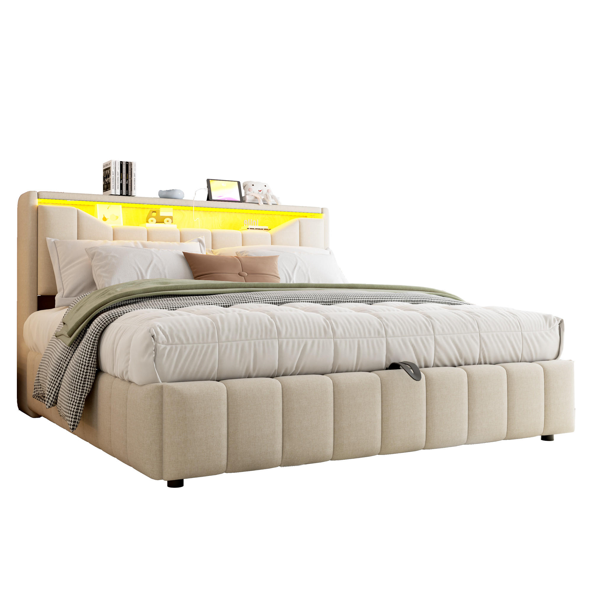 BOXBETT 180/200 mit Bettkasten, LED/USB-C, Lattenrost, Leinen, Beige - Beige, Holz/Textil (180/200cm) - LVHOM