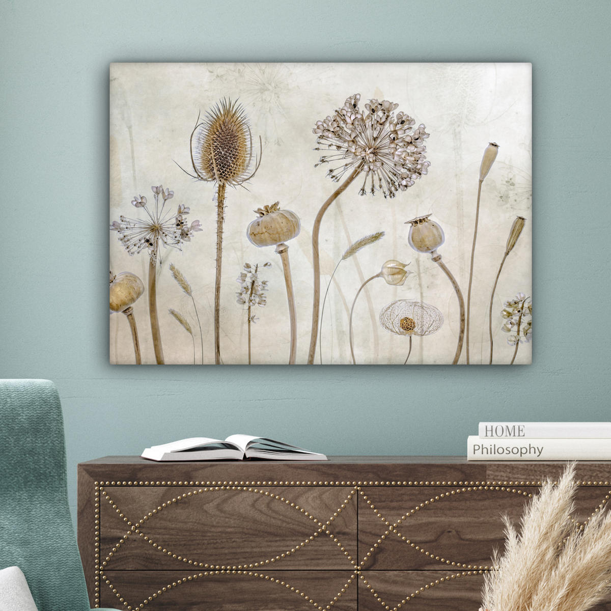 LEINWANDBILD Blumen - Aquarell - Stilleben - Braun - Vintage Wandbilder 80x60 cm - Beige, Textil (80/60cm) - MuchoWow