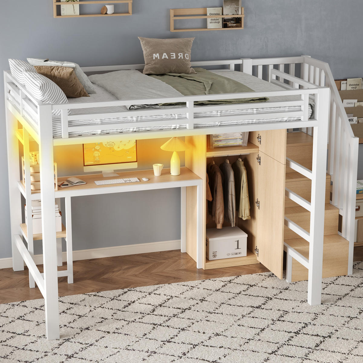 HOCHBETT 140/200 cm in Weiß mit Schreibtisch, Regal, Kleiderschrank und LED Metallbett - Weiß, Holzwerkstoff/Metall (140/200cm) - STILVORA