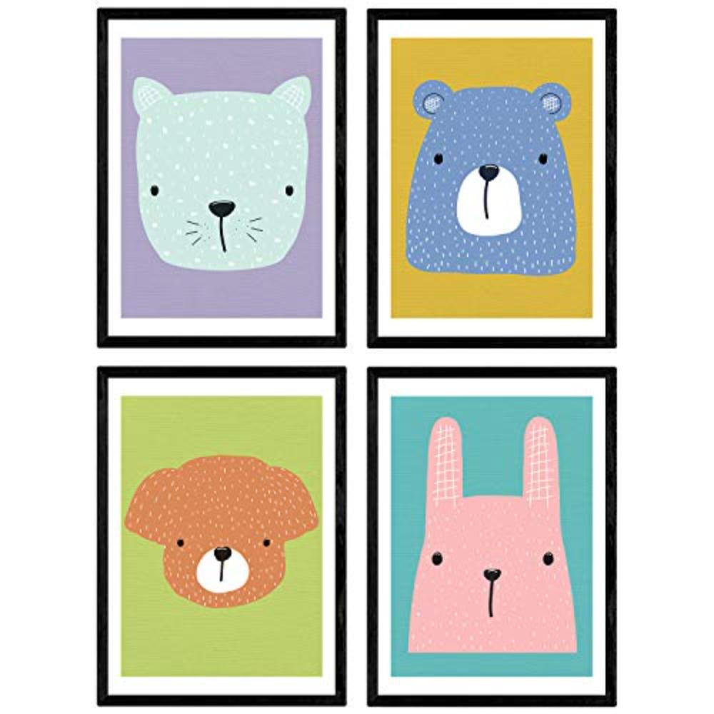 POSTER Set mit 4 Animales infantiles A3 Schwarzer Rahmen - Schwarz, Papier (29.7/3cm) - Nacnic