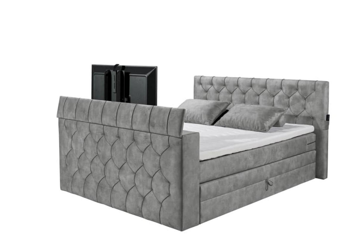 BOXSPRINGBETT 180x200 – motorisierte TV‑Halterung, HR-Lux-Topper, Duo‑Wendematratze H3/H4 - Dunkelgrau/Grau, Textil (180/200cm) - ed exciting design