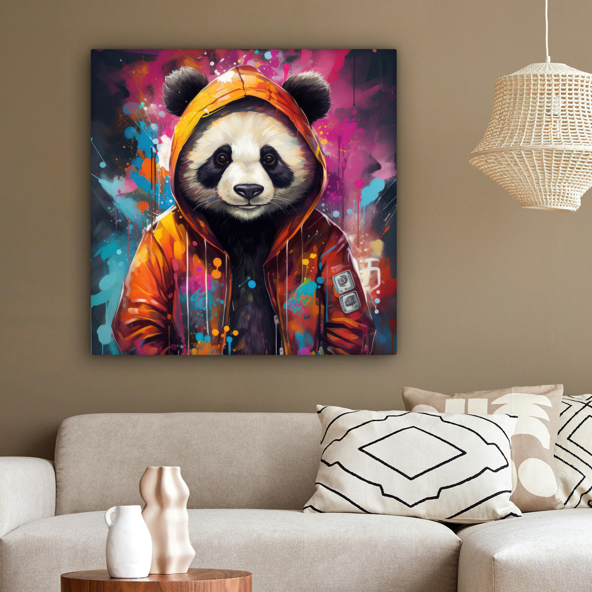 LEINWANDBILD Panda - Jacke - Graffiti - Orange 90x90 cm - Orange, Textil (90/90cm) - MuchoWow