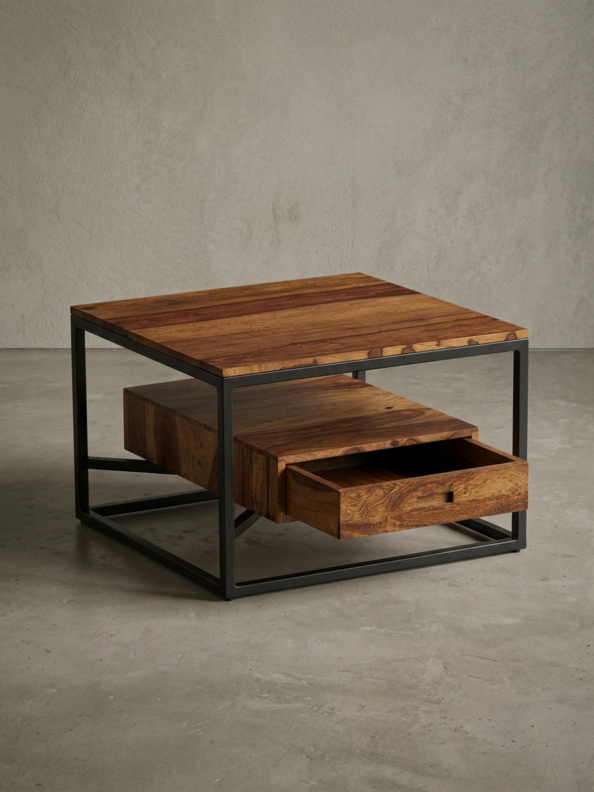 SOFATISCH Sheesham Massivholz und Metall, Quadratisch mit Schublade, Maße 60x60x40 cm - Schwarz/Braun, Holz/Metall (60/60/40cm) - KADIMA DESIGN