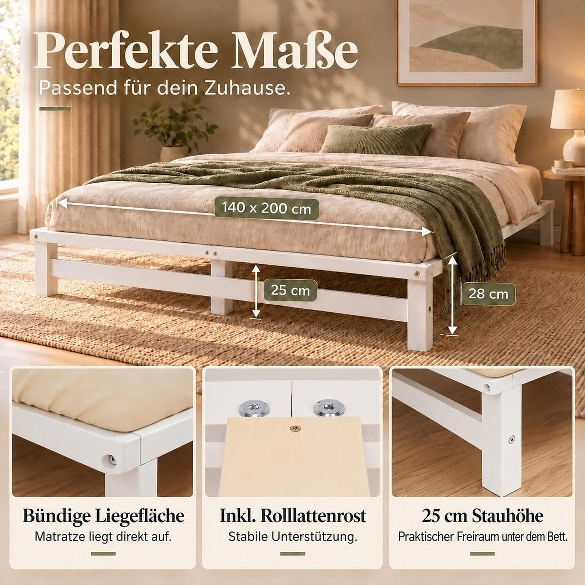HOLZBETT mit Matratze 140/200 cm weiß - Weiß, Holz (140/200cm) - Homestyle4u
