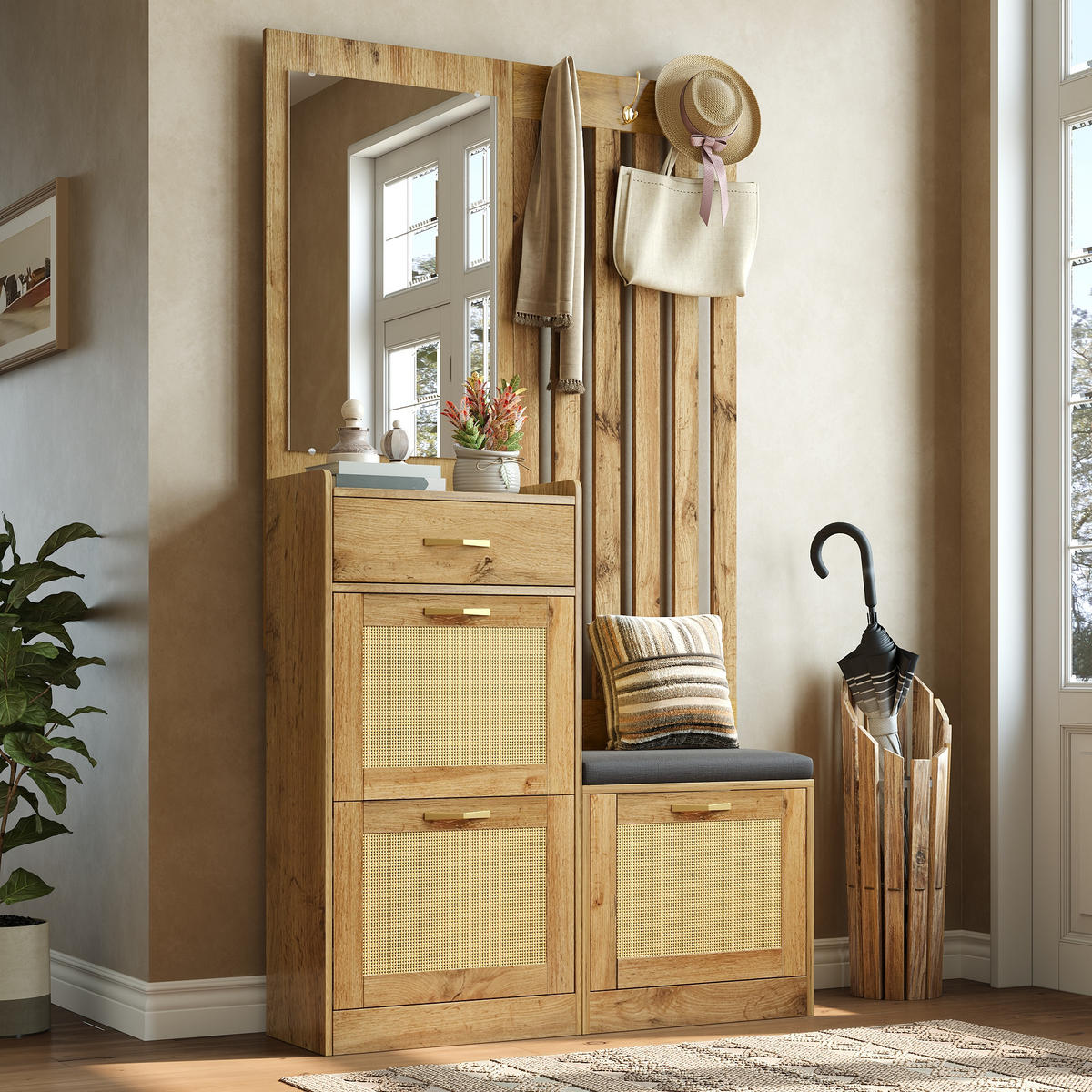 GARDEROBE Set mit Spiegel Sitzbank Schuhschrank Haken - Naturfarben, Holzwerkstoff (99.5/180/26cm) - FLIEKS