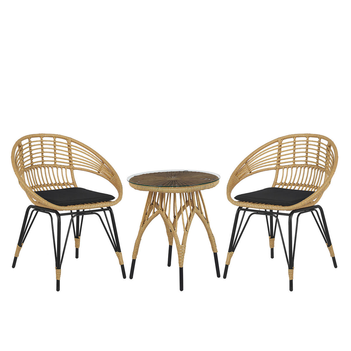 BALKONSET 2-Sitzer Rattan natürlich Auflagen schwarz Pellaro - Beige/Schwarz, Kunststoff/Textil - Beliani