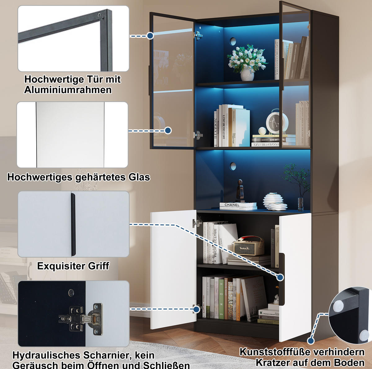 VITRINE 80/30/200 cm aus Holzwerkstoff mit LED-Beleuchtung und Glastüren Weiß - Weiß, Holzwerkstoff (80/200/30cm) - Modenvie