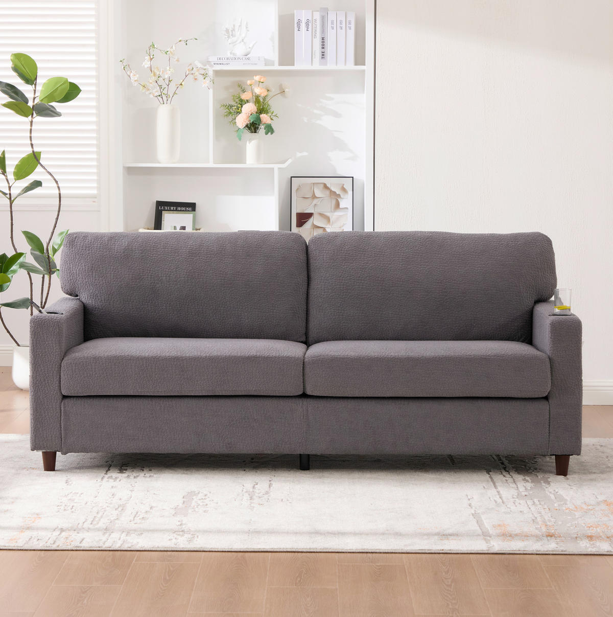ZWEISITZER Sofa Chenille mit USB-Anschluss LED-Licht und Getränkehaltern 203/77,5/86 cm Hellgrau - Hellgrau, Textil (77.5/86/203cm) - Redom