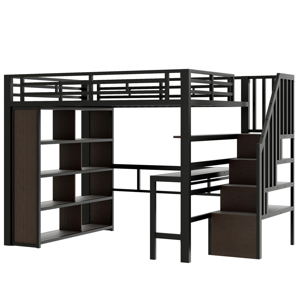 HOCHBETT 140/200 cm mit Schreibtisch, Ablagen, LED-Lichtleiste und Stauraumtreppe aus Metall und MDF, Schwarz - Schwarz, Metall (140/200cm) - Redom