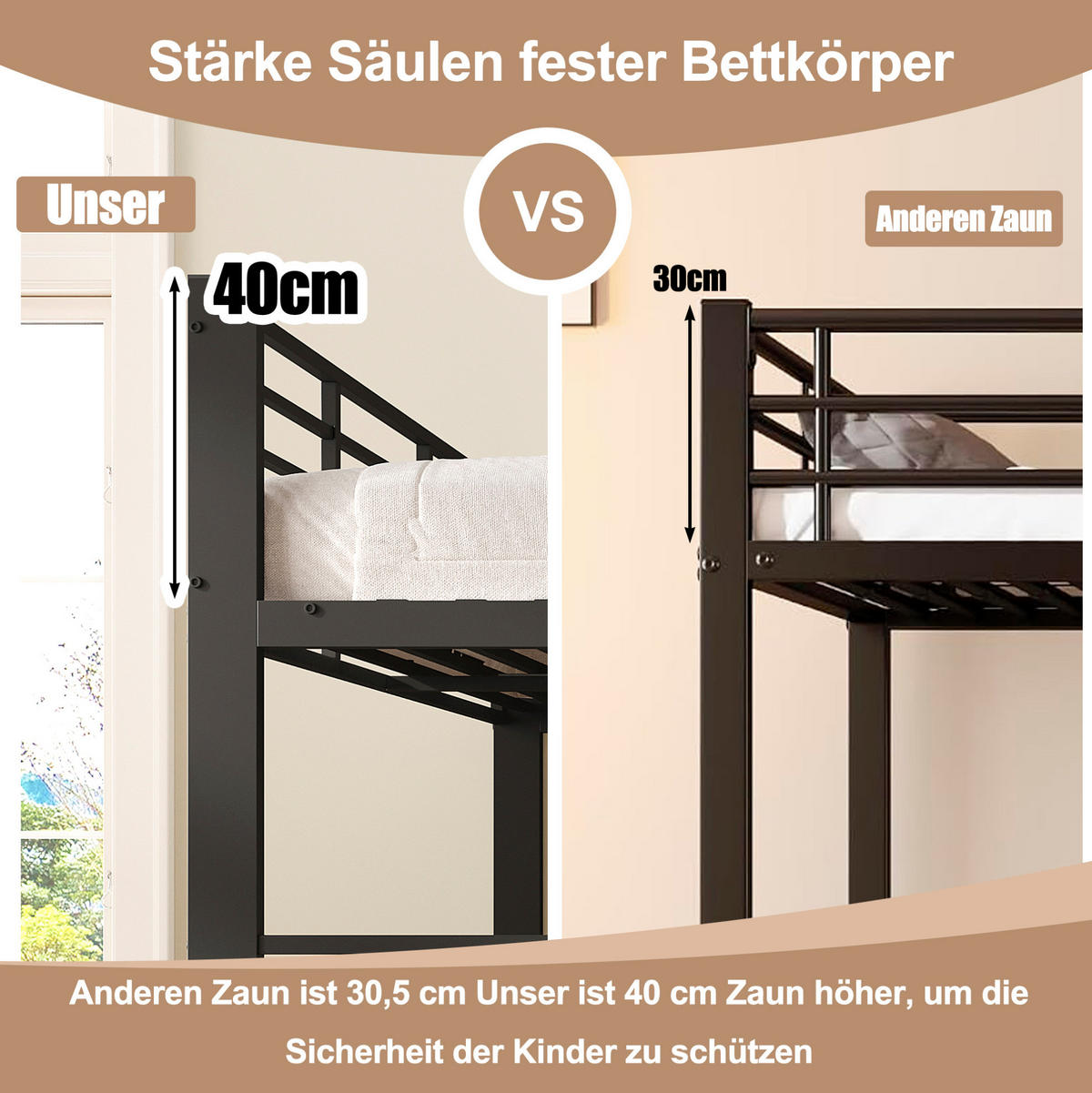 ETAGENBETT 140/200 cm aus Metall mit Sicherheitsgeländer, Schwarz - Schwarz, Metall (140/200cm) - OKMYHOME