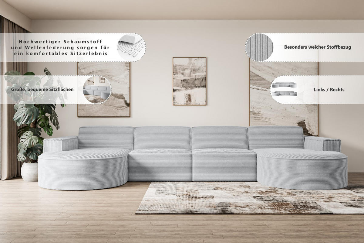 WOHNLANDSCHAFT MARI-U2 - 380x163x81 cm Beige Cord - Beige/Schwarz, Holzwerkstoff/Kunststoff (380/81/163cm) - ALTDECOR