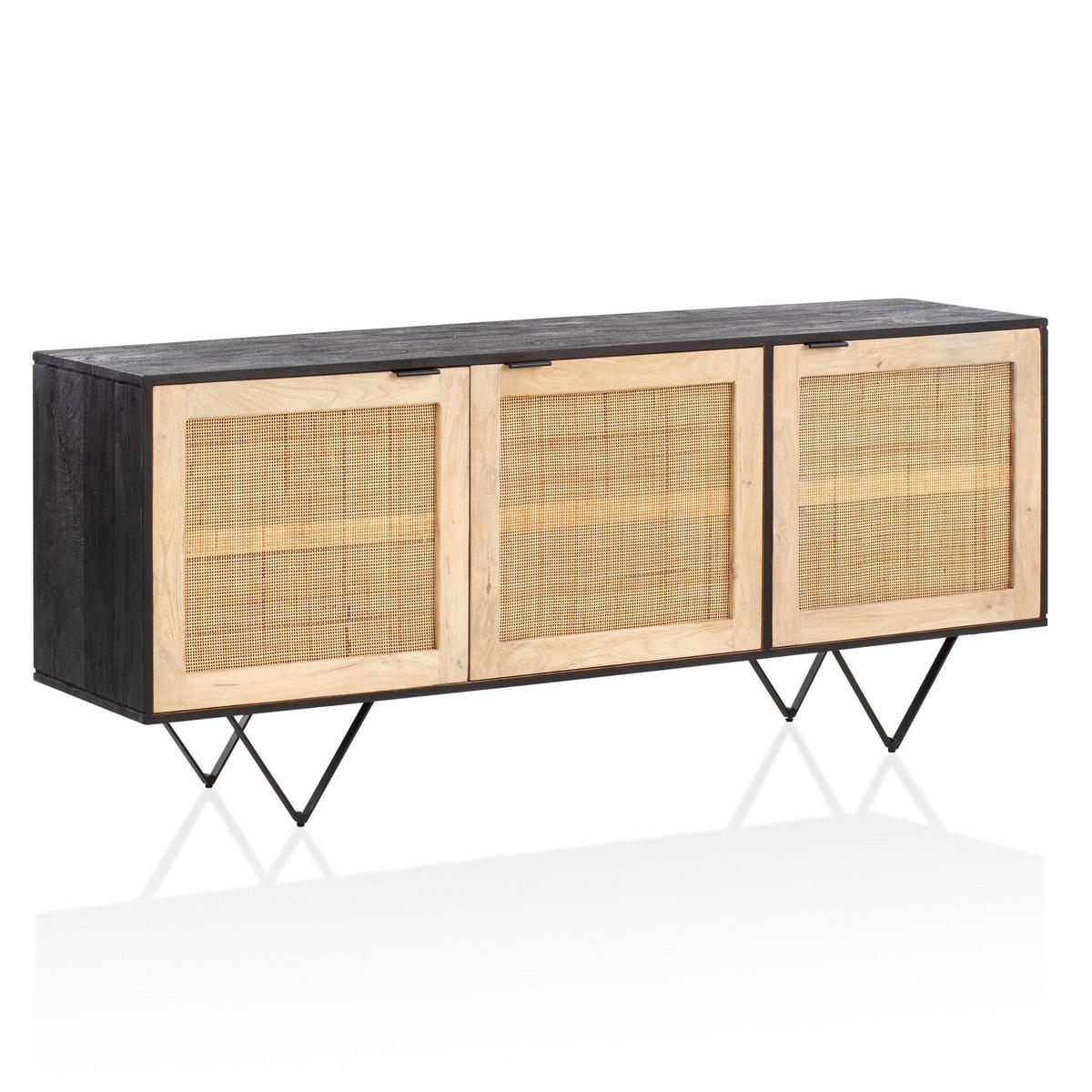 SIDEBOARD – Mango Massivholz/Rattan, 175x75x45 cm, 3 Türen, schwarz/braun - Schwarz, Holz/Metall (175/75/45cm) - KADIMA DESIGN