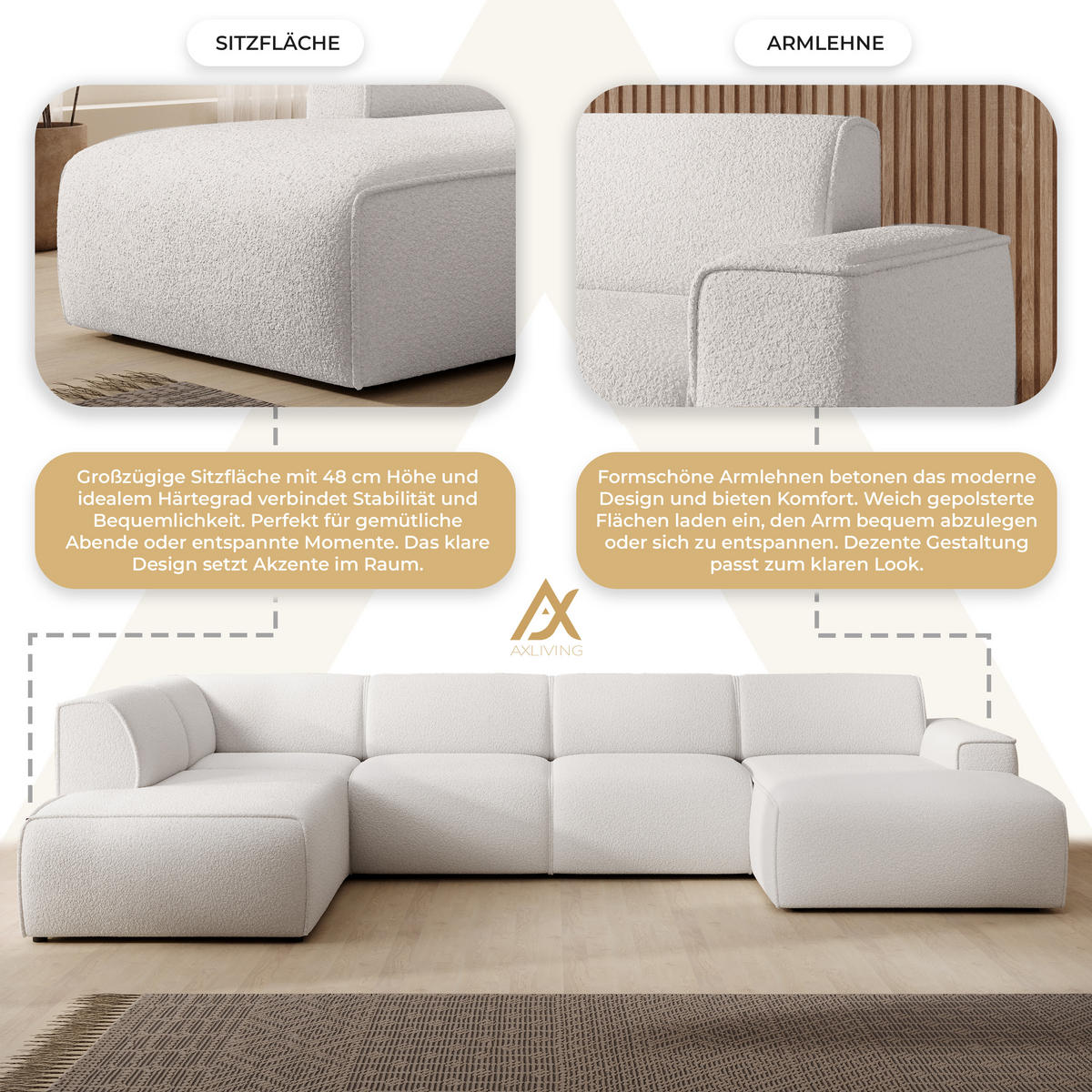 WOHNLANDSCHAFT Didim Weiß 378/220/78 cm – großes Sofa stilvoll & bequem L - Schwarz/Weiß, Kunststoff/Textil (220/78/378cm) - AX Living