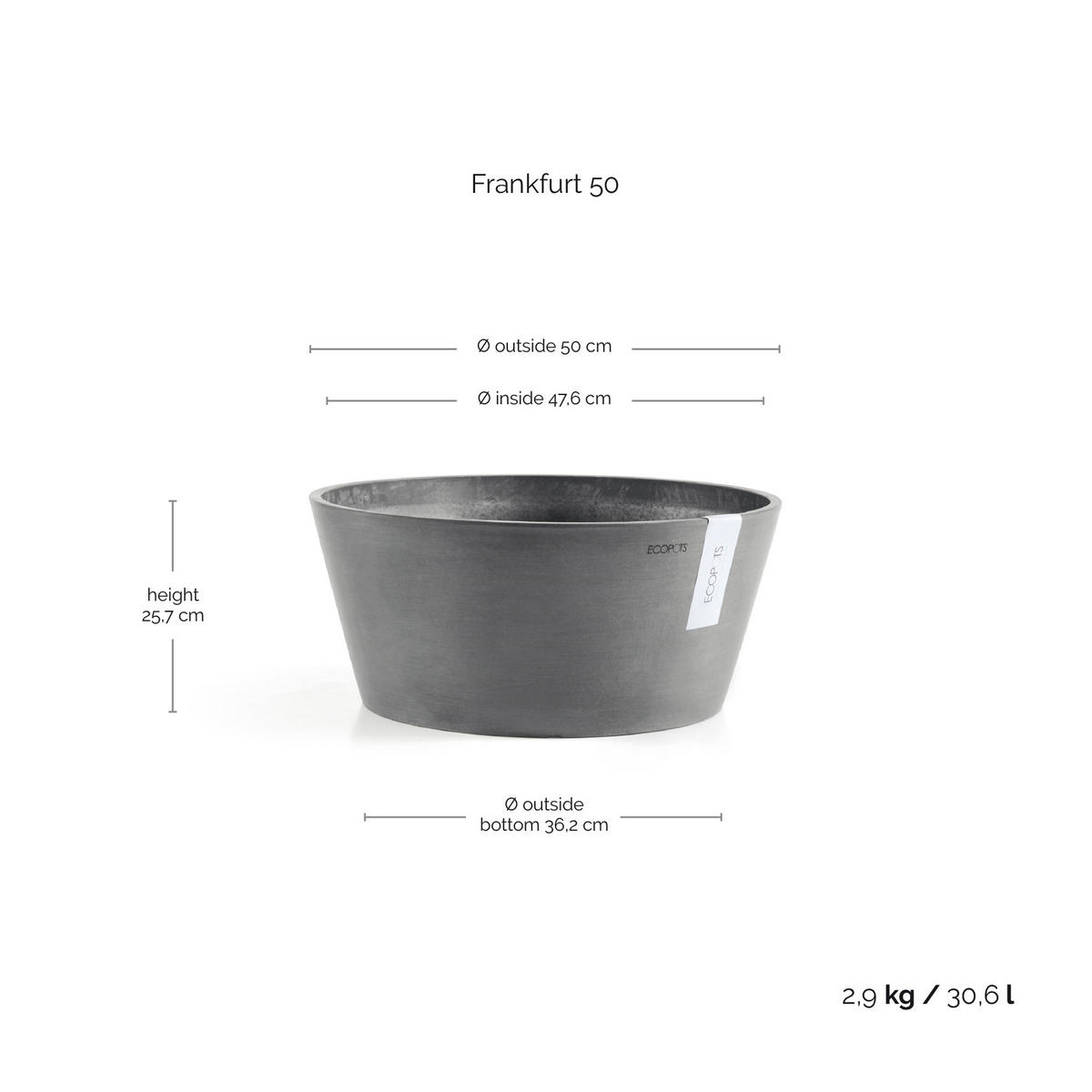 BLUMENTOPF Frankfurt 50/25,7 cm Grau - Grau, Kunststoff (50/25.7cm) - Ecopots