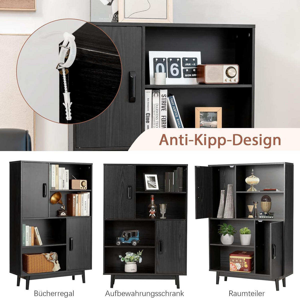 BÜCHERSCHRANK Schwarz - Schwarz, Holz (24/120/80cm) - COSTWAY