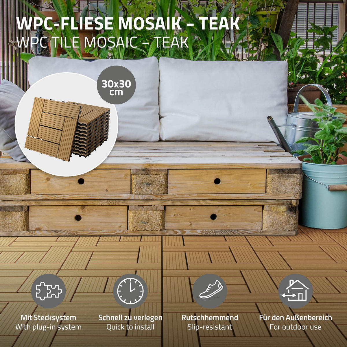 TERASOVÁ DLAŽBA Teak 22 kusů - teaková, kompozitní dřevo (30/30/2cm) - ECD-Germany