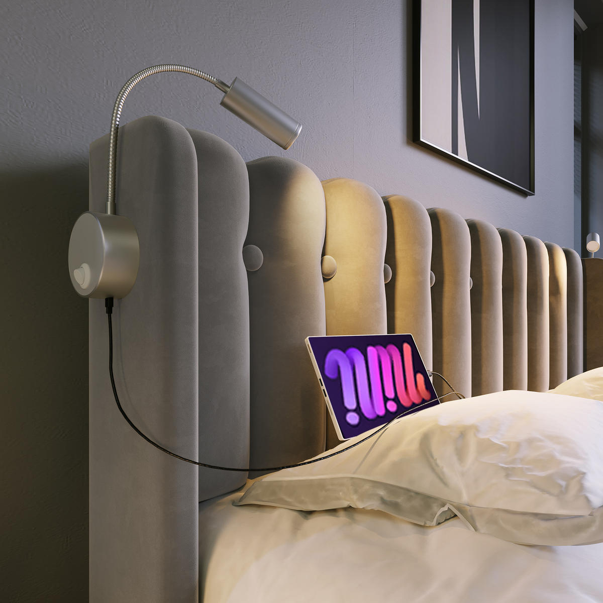 SAMT-POLSTERBETT 90/200 cm mit Bettkasten und USB-Leseleuchte, Grau - Grau, Textil (90/200cm) - BEAOK