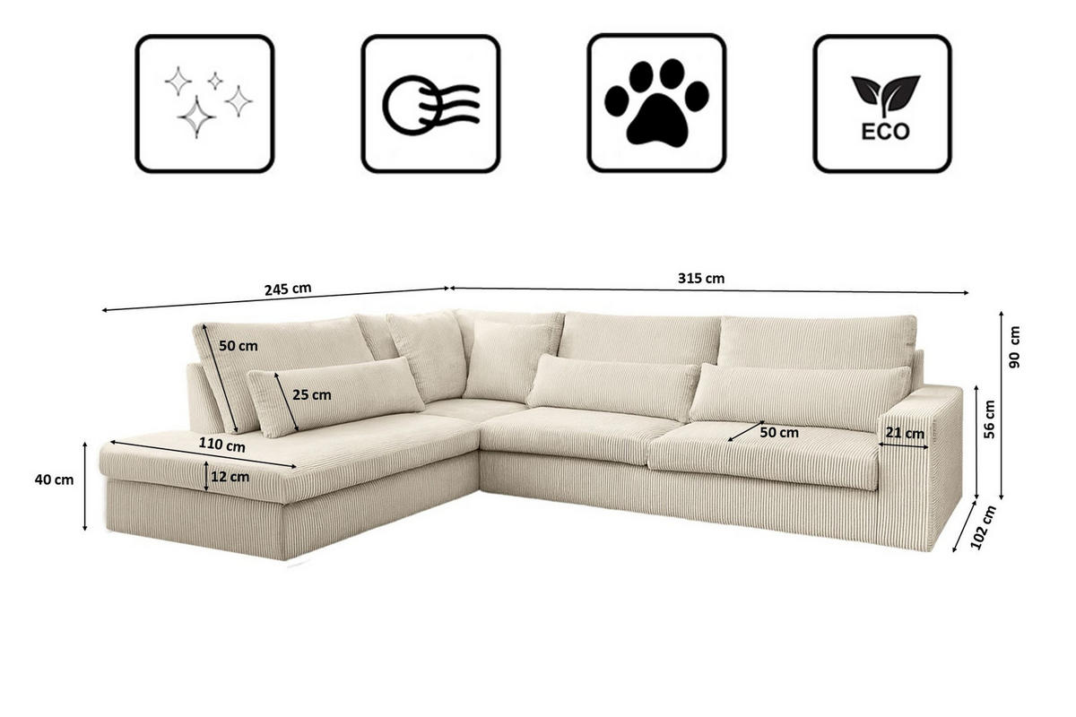 ECKSOFA L-Form SVEN Stoff Poso Ecru Links - Ecru, Textil (315/245cm) - Kaiser Möbel