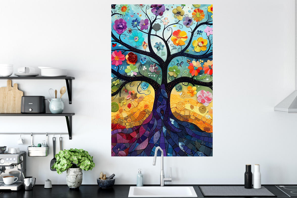 WANDTATTOO Kunst - Baum des Lebens - Blumen - Hippie 80x120 cm - Dunkelblau, Kunststoff (80/120/0.1cm) - MuchoWow