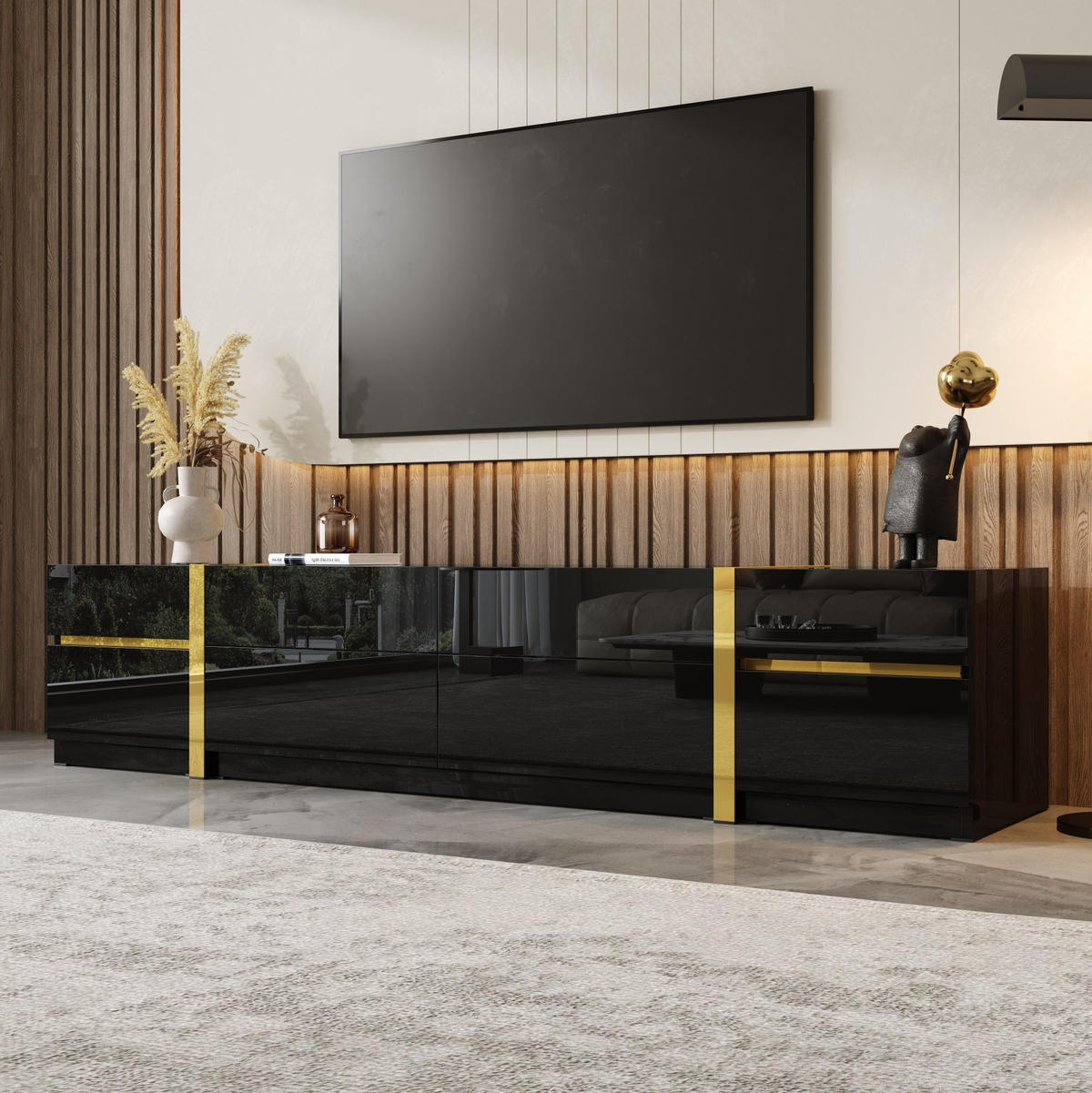 TV-SCHRANK 180/40/38 cm schwarz aus MDF mit 4 Schubladen - Schwarz, Holzwerkstoff (180/38/40cm) - OKWISH
