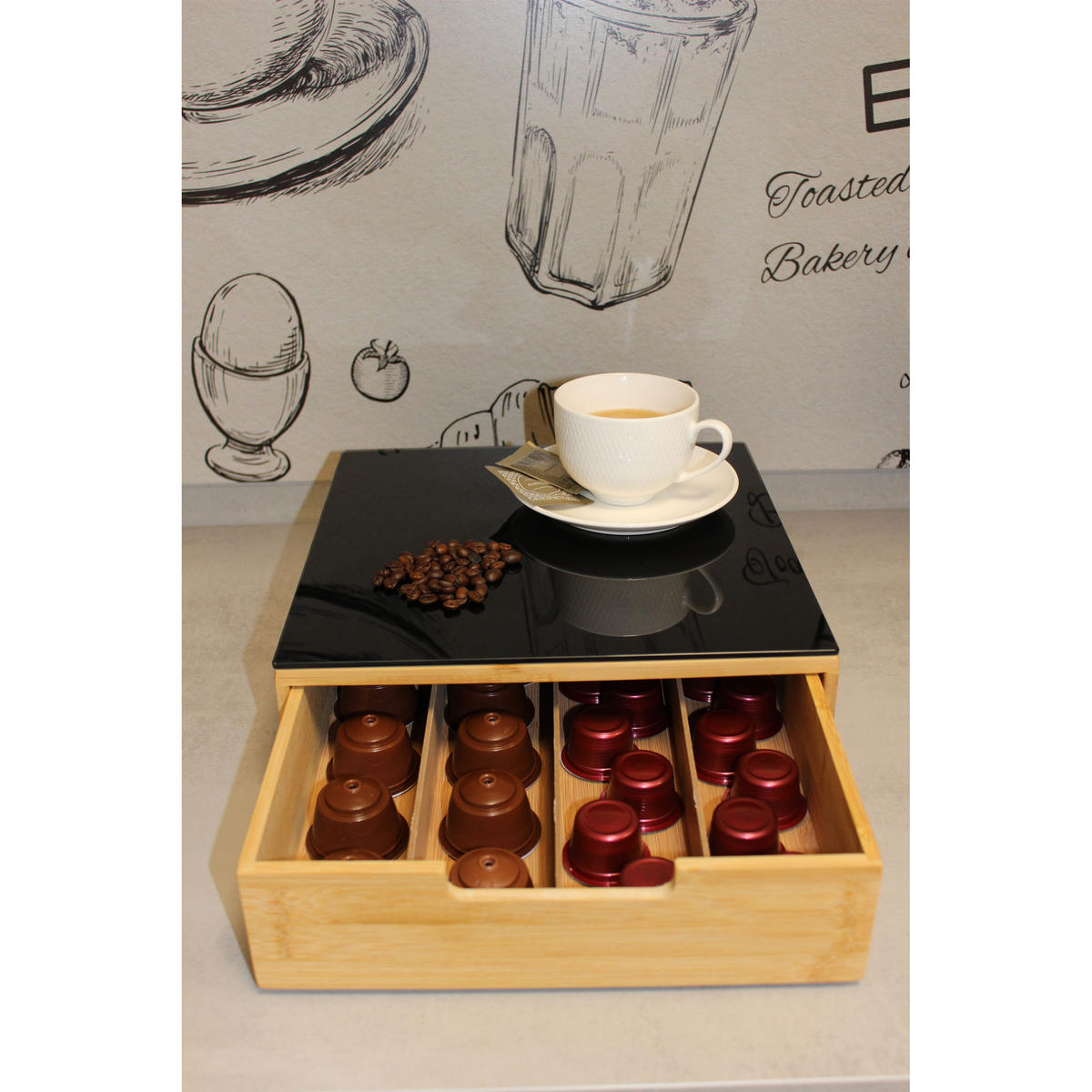 KAFFEEKAPSEL-REGAL mit Schublade, Holz mit Glasplatte - Schwarz, Holz - 5five Simply Smart
