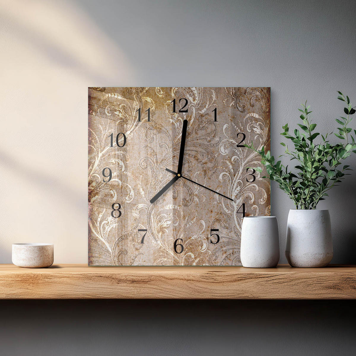 WANDUHR 30x30 cm - Blumenmuster - Braun, Glas (30/30/0.4cm) - TULUP