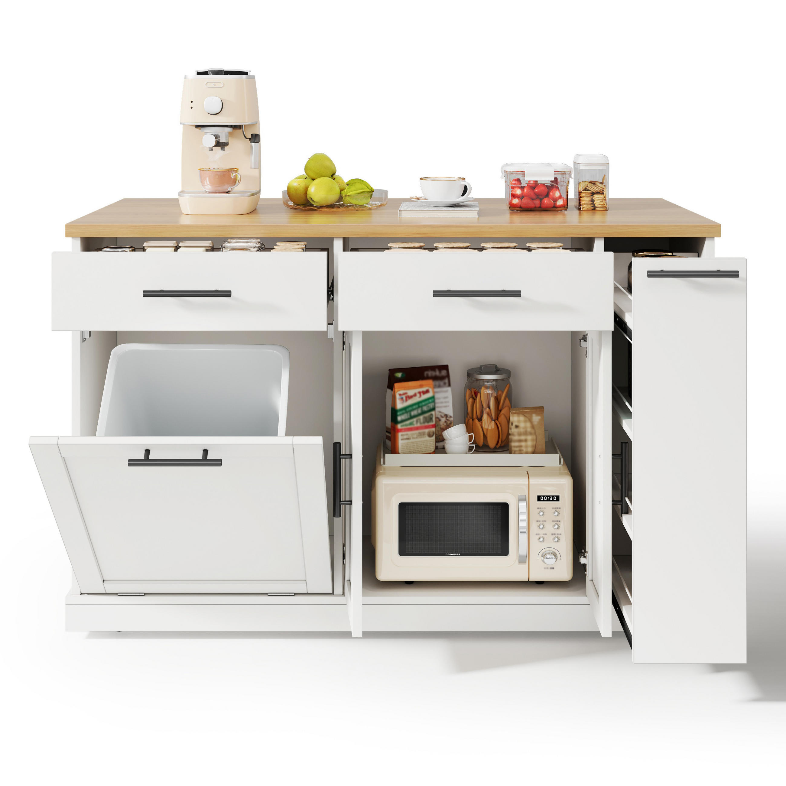 KÜCHENINSEL 120/45(70)/93 cm Weiß mit Müllschrank, 4-stufigem Gewürzregal und 2 Schubladen - Weiß, Holz/Holzwerkstoff (70/93.5/120cm) - Oxeza