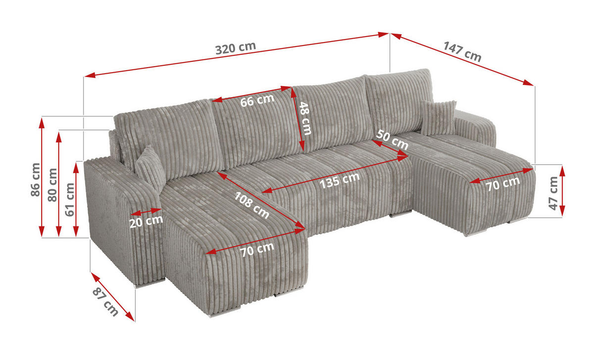 WOHNLANDSCHAFT KIRASSO U Hellgrau Cord - Hellgrau/Grau, Textil/Metall (320/86/147cm) - MKS
