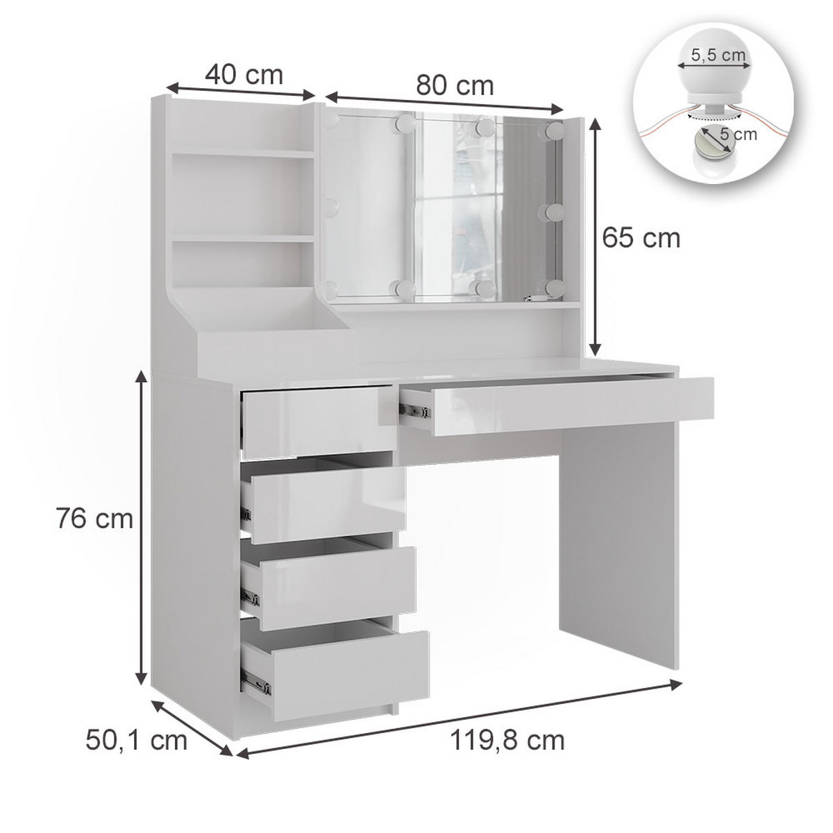 SCHMINKTISCH Sherry Weiß/Weiß Hochglanz 119.8 cm 4 Teile - Weiß Hochglanz, Holzwerkstoff (119.8/76/50.1cm) - Vicco