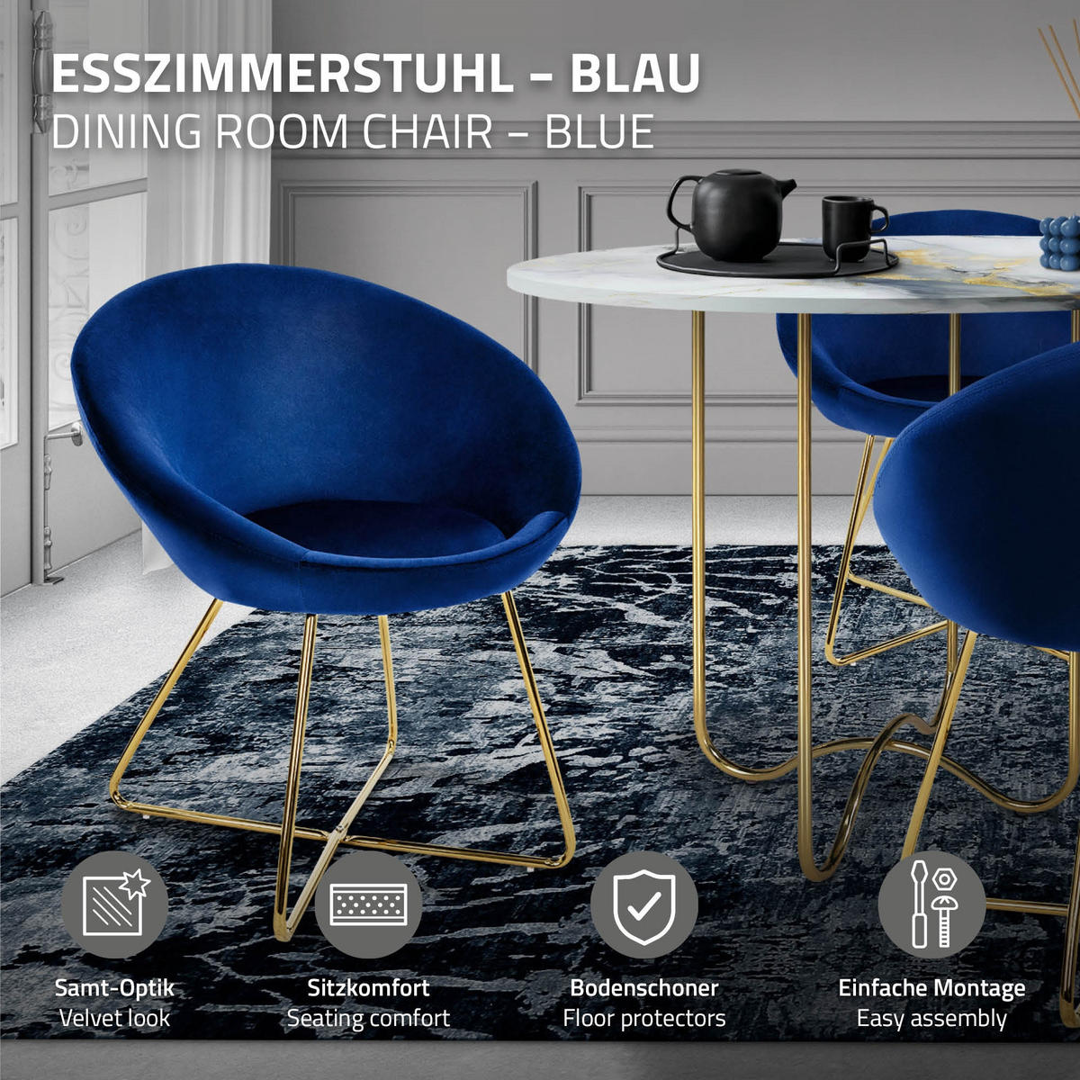 STUHL Samt blau - Blau/Goldfarben, Metall (58/74/65cm) - ML-DESIGN