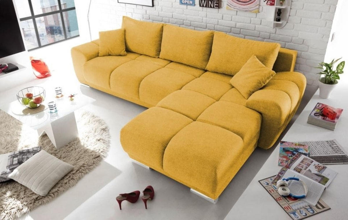 ECKSOFA beidseitig montierbar, Schlaffunktion mit Bettkasten - Chromfarben/Gelb, Textil (289/189cm) - ed exciting design