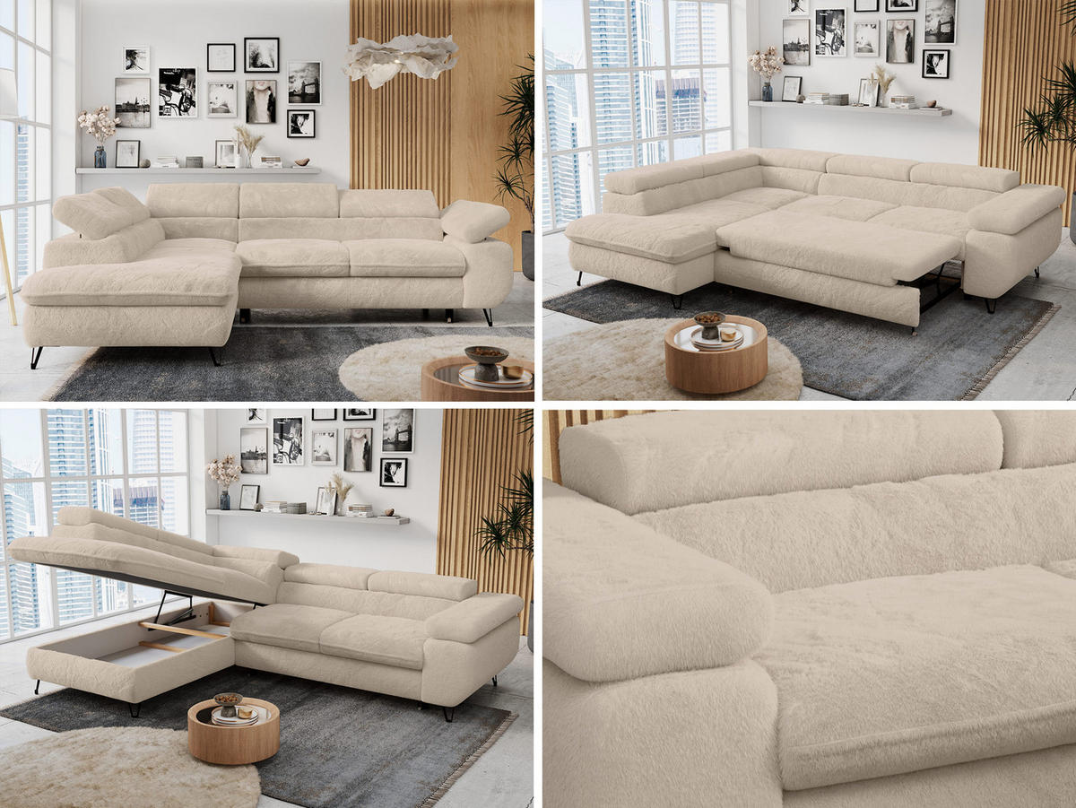 ECKSOFA PETER L Dunkelgrau Plüsch - Links Seite - Ecru/Schwarz, Textil/Metall (208/273cm) - MKS