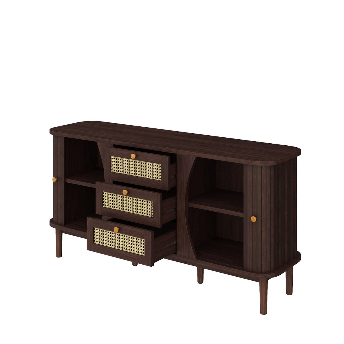 SIDEBOARD Walnuss Optik mit Rattan Schubladen und Schiebetüren - Walnussfarben, Naturmaterialien/Holzwerkstoff (140.5/73/40cm) - Urban Meuble