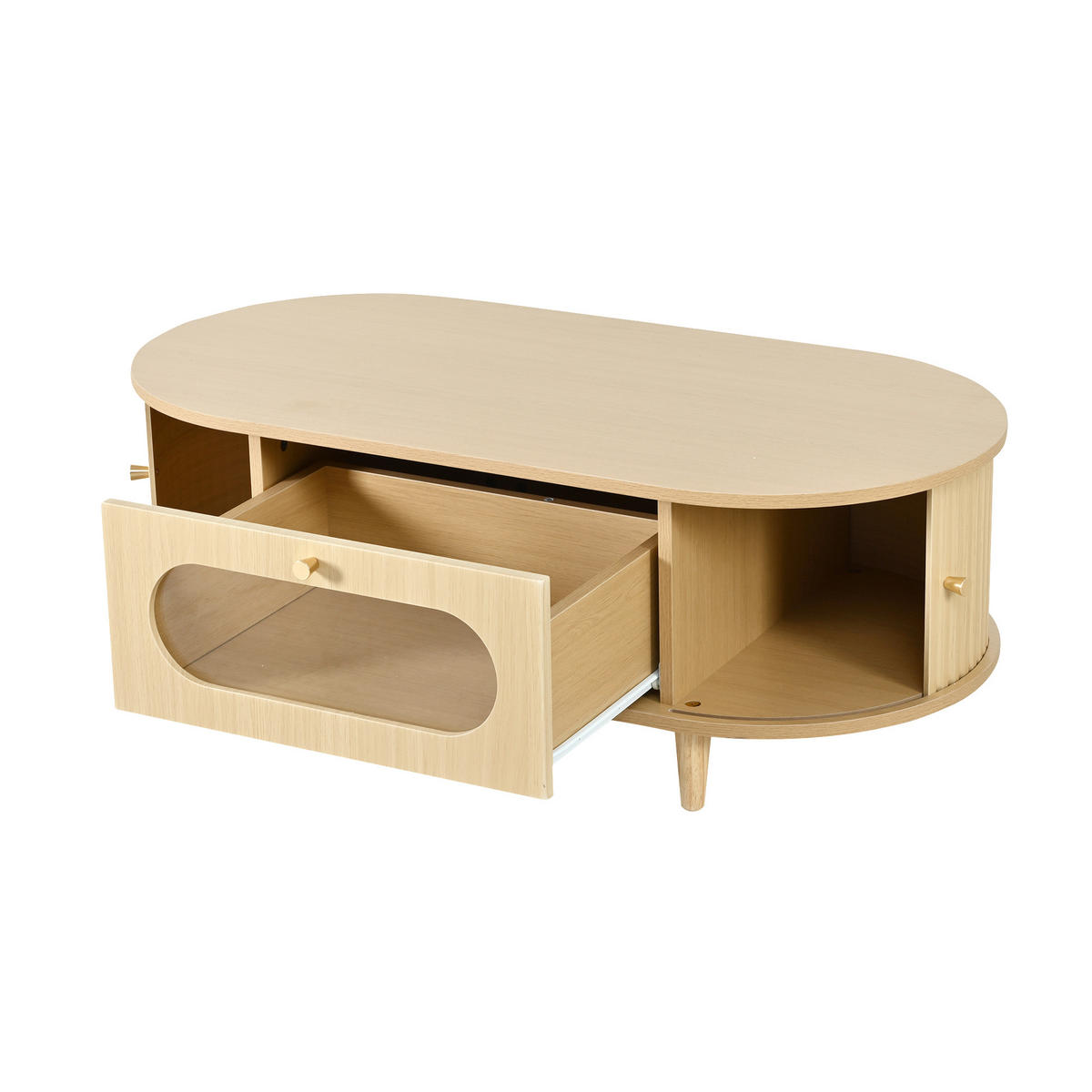 COUCHTISCH in Eiche-Optik – Ovales Design mit Glasschublade & Rolltüren - Eichefarben, Holzwerkstoff (50/100/36cm) - Urban Meuble