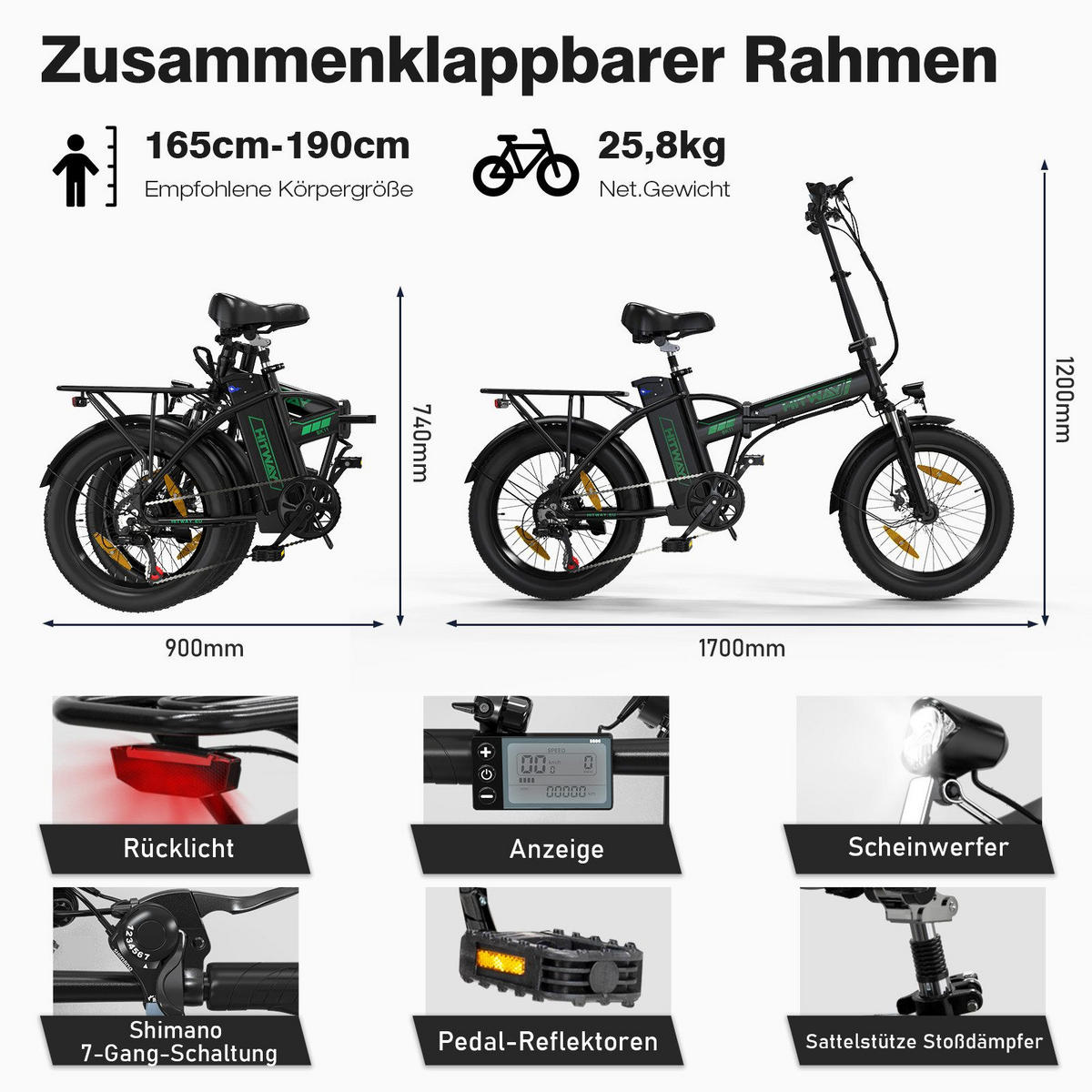 E-BIKE BK11 Klapprad 26 × 3,0 Zoll mit 36V12Ah Akku Max 35-90km - Grün, Metall (38cm) - HITWAY